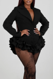 White Formal Evening Party Prom Buttons Turndown Collar Long Sleeve Ruffle Trim Bodycon Blazer Romper