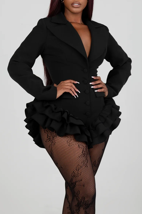 White Formal Evening Party Prom Buttons Turndown Collar Long Sleeve Ruffle Trim Bodycon Blazer Romper