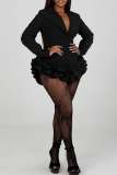 White Formal Evening Party Prom Buttons Turndown Collar Long Sleeve Ruffle Trim Bodycon Blazer Romper
