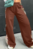 Light Brown Casual Outing Floral Print Side Patchwork Loose Mid Waist Wide Leg Sweatpants