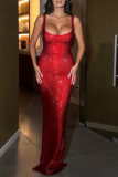 Red Sequin Evening Party Gown Sleeveless U Neck Bodycon Glitter Prom Maxi Slip Dress