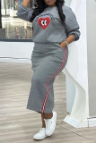 Grey Casual Sportwear Graphics Print O Neck Long Sleeve Sweatshirt And Maxi Skirt Two Pieces Dress Sets