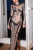 Khaki Formal Evening Party Prom Graphics Print Turtleneck Long Sleeve Long Bodycon Maxi Dresses