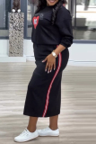 Grey Casual Sportwear Graphics Print O Neck Long Sleeve Sweatshirt And Maxi Skirt Two Pieces Dress Sets