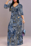 Blue Gray Faux Denim Print V Neck 3/4 Sleeve Lace Up Summer Outings Vacation Straight Loose Maxi Dress