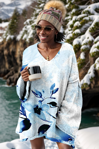 Lake Blue Casual Floral Print V Neck Long Sleeve Fall Winter Knitted Sweater