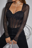 Royal Blue See-Through Hot Drill Square Neck Long Sleeve Glitter Skinny Bodysuits