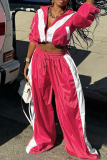Rose Red Zipper Collar Long Sleeve Crop Jackets and Wide Leg Sweatpants Sportwear Casual Pocket Patchwork Two Pieces Jogger Sets