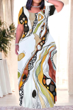 White Casual Flowers Splashed ink Chain Print O Neck Short Sleeves Loose Floor Length Straight Maxi Dresses