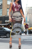 Grey Casual Outing Skull Print Mid Waist Bodycon Maxi Skirt