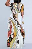 White Casual Flowers Splashed ink Chain Print O Neck Short Sleeves Loose Floor Length Straight Maxi Dresses