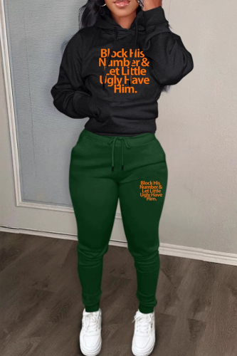 Black Green Sportwear Casual Letter Print Hooded Long Sleeve Sweatshirt and Sweatpants Fall Winter Two Pieces Sweatsuits Sets