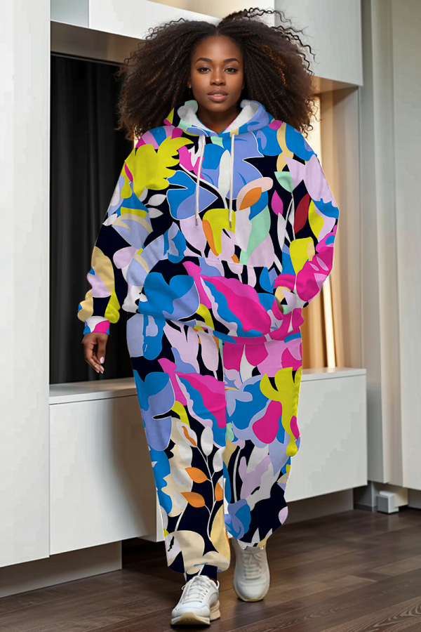 Sky Blue Sportwear Casual Graphics Print Hooded Long Sleeve Sweatshirt And Pants Two Pieces Jogger Sets