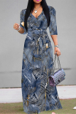 Blue Gray Faux Denim Print V Neck 3/4 Sleeve Lace Up Summer Outings Vacation Straight Loose Maxi Dress