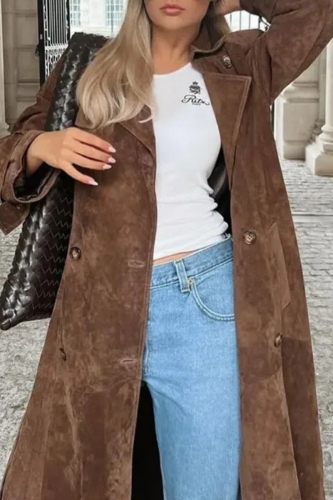 Brown Casual With Belt Turndown Collar Long Sleeve Double Breasted Lapel Faux Leather Coat