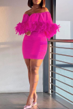 Pink Feathers Trim Sleeveless Off Shoulder Wrapped Skirt Formal Evening Party Prom Bodycon Mini Dresses