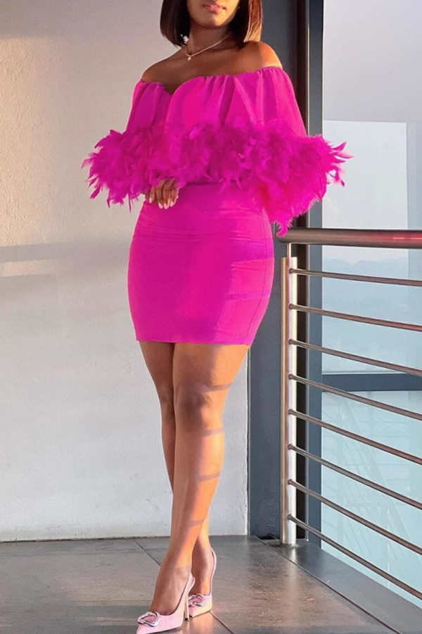Pink Feathers Trim Sleeveless Off Shoulder Wrapped Skirt Formal Evening Party Prom Bodycon Mini Dresses