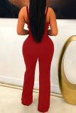 Brown Formal Office Casual Patchwork Backless Zipper Asymmetrical Collar Straight Leg Jumpsuits