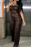 Pink Celebrities Solid Patchwork Pocket Strapless Skinny Jumpsuits