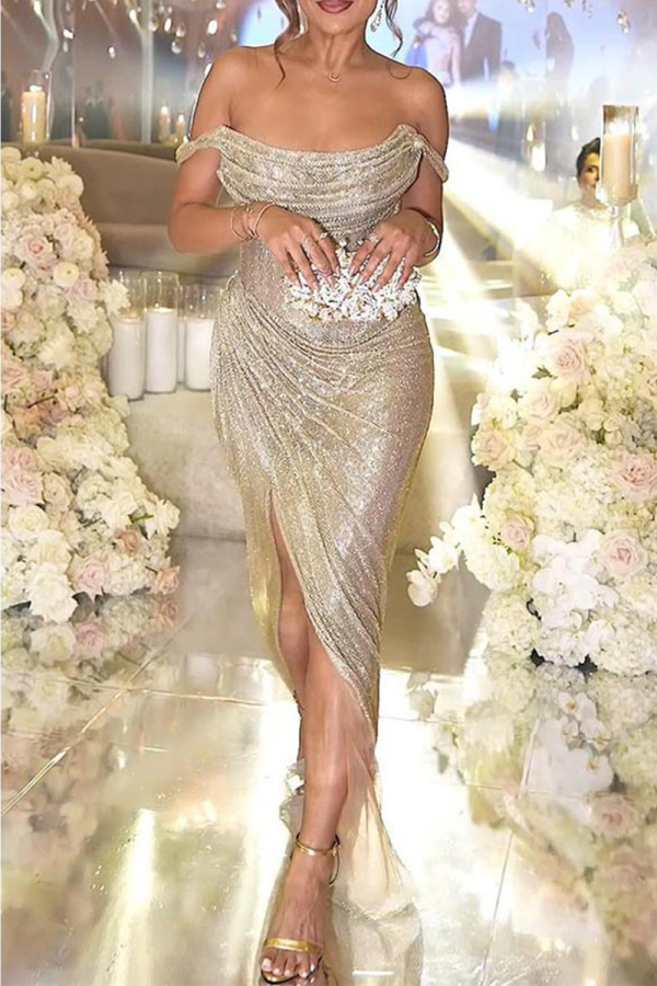 Champagne Formal Evening Party Prom Gown Sleeveless U Neck Drap Sleeve Side Slit Irregular Hem Ruched Maxi Wedding Guest Dresses