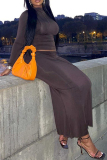 Dark Gray Casual O Neck Long Sleeve Crop Tops And Maxi Skirt Two Pieces Dress Sets
