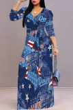 Blue Gray Faux Denim Print V Neck 3/4 Sleeve Lace Up Summer Outings Vacation Straight Loose Maxi Dress