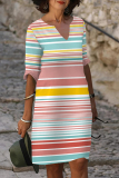 Green Casual Striped Print Gradient V Neck Half Sleeve Loose Vacation Midi T-shirt Dresses