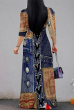 Blue Gray Faux Denim Print V Neck 3/4 Sleeve Lace Up Summer Outings Vacation Straight Loose Maxi Dress