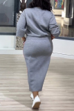 Grey Casual Sportwear Graphics Print O Neck Long Sleeve Sweatshirt And Maxi Skirt Two Pieces Dress Sets