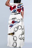 White Casual Flowers Splashed ink Chain Print O Neck Short Sleeves Loose Floor Length Straight Maxi Dresses