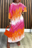 Color Casual Tie Dye Print 3/4 Sleeve O Neck Long Loose Vacation Maxi Dresses
