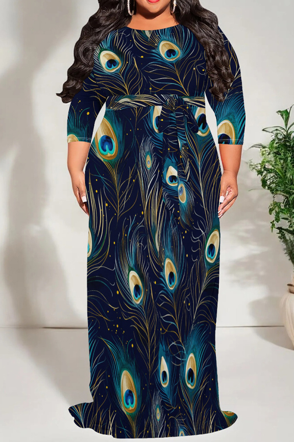 Navy Blue 3/4 Sleeve O Neck Floor Length High Waist Lace Up Vacation Casual Outing Loose Maxi Dress