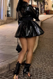 Black Casual Zipper Collar Long Sleeve Leather Crop Jackets And Pleated Mini Skirt Two Pieces Dress Sets