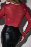 Royal Blue See-Through Hot Drill Square Neck Long Sleeve Glitter Skinny Bodysuits