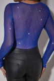 Royal Blue See-Through Hot Drill Square Neck Long Sleeve Glitter Skinny Bodysuits
