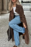 Brown Casual With Belt Turndown Collar Long Sleeve Double Breasted Lapel Faux Leather Coat