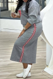 Grey Casual Sportwear Graphics Print O Neck Long Sleeve Sweatshirt And Maxi Skirt Two Pieces Dress Sets