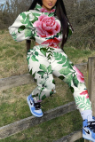 Green Sportwear Casual Floral Print Hooded Long Sleeve Sweatshirt And Pants Two Pieces Jogger Sets