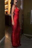 Red Sequin Evening Party Gown Sleeveless U Neck Bodycon Glitter Prom Maxi Slip Dress