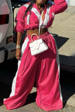 Rose Red Zipper Collar Long Sleeve Crop Jackets and Wide Leg Sweatpants Sportwear Casual Pocket Patchwork Two Pieces Jogger Sets