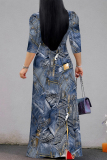 Blue Gray Faux Denim Print V Neck 3/4 Sleeve Lace Up Summer Outings Vacation Straight Loose Maxi Dress