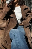 Brown Casual With Belt Turndown Collar Long Sleeve Double Breasted Lapel Faux Leather Coat