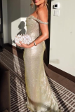 Champagne Formal Evening Party Prom Gown Sleeveless U Neck Drap Sleeve Side Slit Irregular Hem Ruched Maxi Wedding Guest Dresses