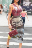 Grey Casual Outing Skull Print Mid Waist Bodycon Maxi Skirt