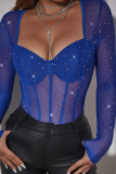 Royal Blue See-Through Hot Drill Square Neck Long Sleeve Glitter Skinny Bodysuits