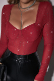 Royal Blue See-Through Hot Drill Square Neck Long Sleeve Glitter Skinny Bodysuits