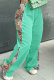 Light Brown Casual Outing Floral Print Side Patchwork Loose Mid Waist Wide Leg Sweatpants