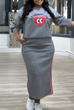 Grey Casual Sportwear Graphics Print O Neck Long Sleeve Sweatshirt And Maxi Skirt Two Pieces Dress Sets