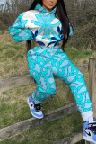 Green Sportwear Casual Floral Print Hooded Long Sleeve Sweatshirt And Pants Two Pieces Jogger Sets