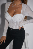 Royal Blue See-Through Hot Drill Square Neck Long Sleeve Glitter Skinny Bodysuits